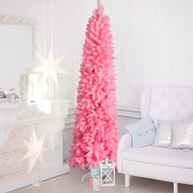 7.5 FT Hinged Christmas Tree, Artificial Pencil Christmas Tree, Unlit Artificial Christmas Pine Tree With 1075 Branch Tips And Sturdy Stand, Pink