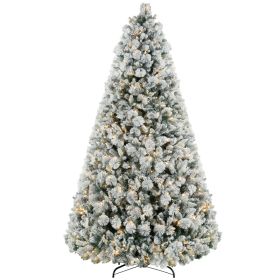9 ft Prelit Flocked Artificial Christmas Tree with 750 Clear Lights, 2387 Tips, Metal Stand for Home Office Holiday