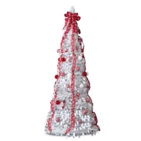 6 FT Fully Decorated Pre-lit Christmas Tree, Up Artificial Xmas Tree With 100 Warm Lights And Red Ornaments For Home Office Store Holiday Deco, White