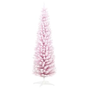 7' Decorated Christmas Tree Snow Flocked Artificial Christmas Tree with Pencil Shape, Realistic Branches, Pink