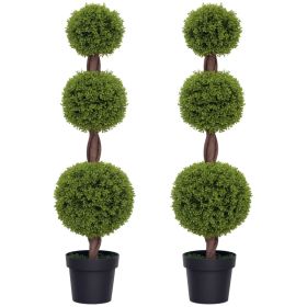 Set Of 2 Artificial Ball Boxwood Topiary Trees, Fake Plants In Pots For Indoor Outdoor Living Room, Green