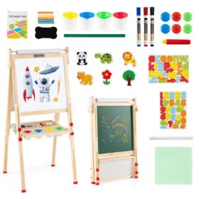 Natural Pine Wood 3-in-1 Kids Art Easel With Magnetic Whiteboard & Chalkboard, Adjustable Height Foldable Drawing Board For Ages 3-14